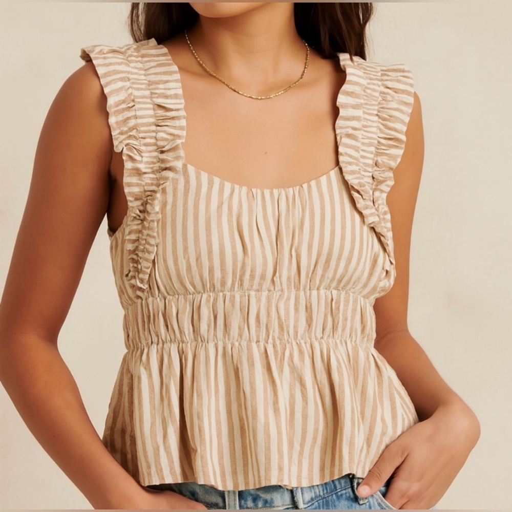 Abercrombie & Fitch Tan and Cream Ruffle Blouse